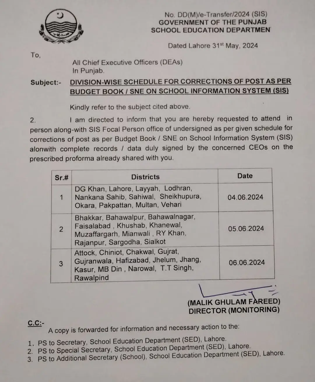 DIVISION-WISE SCHEDULE FOR CORRECTIONS OF POST AS PER BUDGET BOOK-SNE ON SCHOOL INFORMATION SYSTEM SIS