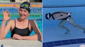 A combo of Australian diver Amber Bourke after the walk (left) and a photo of her during the walk under the pool. - Guinness World Records/File